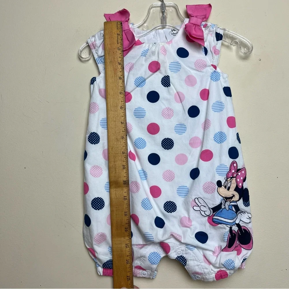 Disney‎ Baby Minnie Mouse  Polka Dot Romper Size 9-12M Pink Bows White Blue